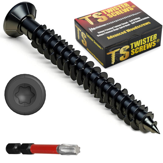 Twister Screws - Black Ruspert-Coated Concrete screws, Ultimate Corrosion Resistance, Countersunk, Easy Installation, Free Torx T30 Bit Included